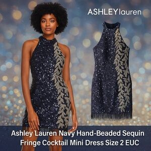 🔥ASHLEY LAUREN,Stunning Navy Beaded & Sequin ,BodyCon Cocktail Dress,– Size 2